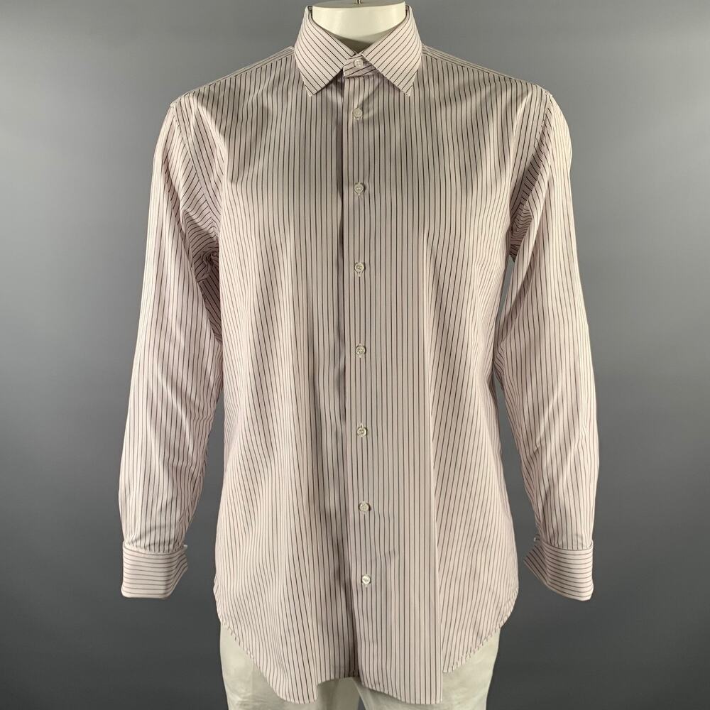 BRIONI Size XL White Brown Pink Stripe Cotton French Cuff Long Sleeve Shirt